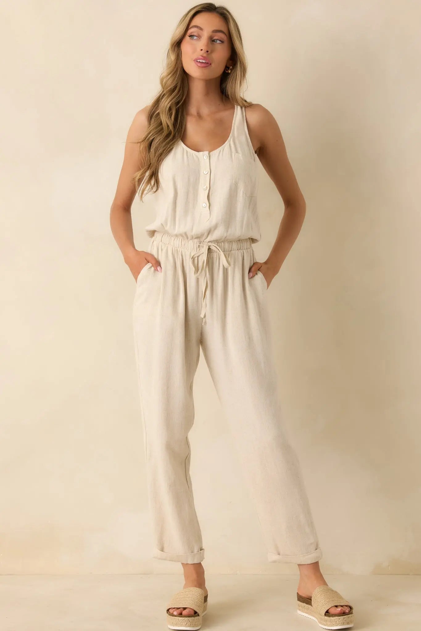 Women's Anywhere And Everywhere Natural Linen Blend Sleeveless Jumpsuit | 80% Rayon & 20% Linen 0