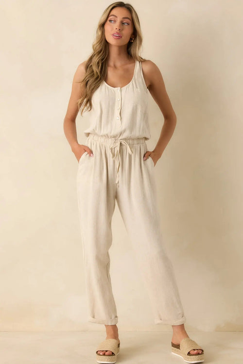 Women's Anywhere And Everywhere Natural Linen Blend Sleeveless Jumpsuit | 80% Rayon & 20% Linen 0