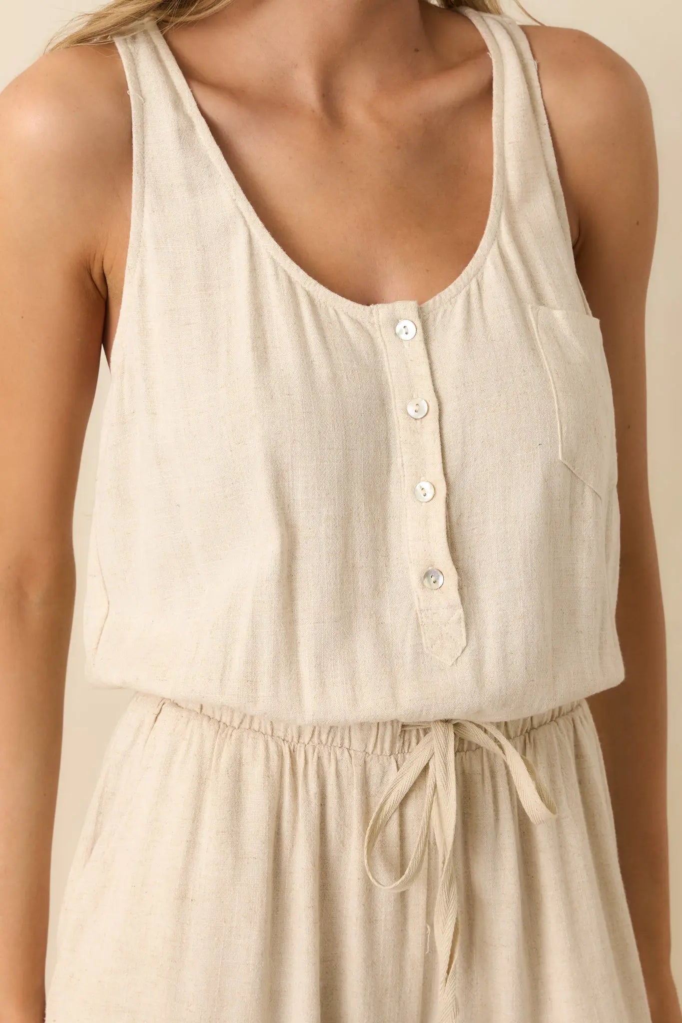 Women's Anywhere And Everywhere Natural Linen Blend Sleeveless Jumpsuit | 80% Rayon & 20% Linen 1