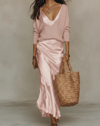 Satin Midi Dress & Coordinating Sweater Set