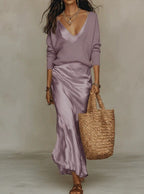 Satin Midi Dress & Coordinating Sweater Set