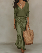 Satin Midi Dress & Coordinating Sweater Set