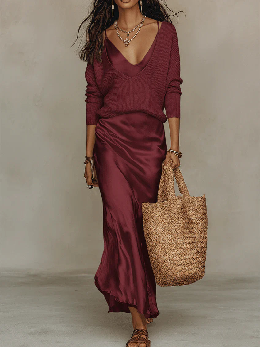 Satin Midi Dress & Coordinating Sweater Set