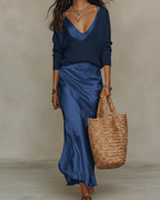 Satin Midi Dress & Coordinating Sweater Set