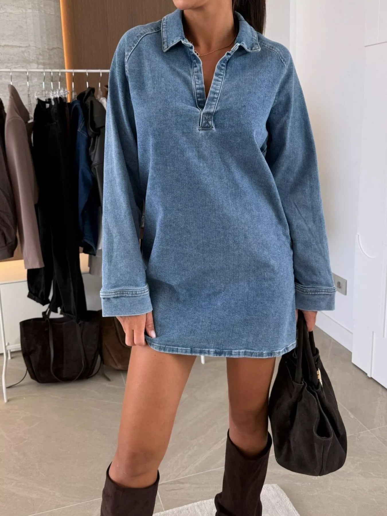 Denim Dress Women with Collared Neck & Long Sleeves – Effortless...