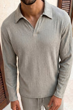 Arty Long Sleeve Open Collar Polo - Mushroom