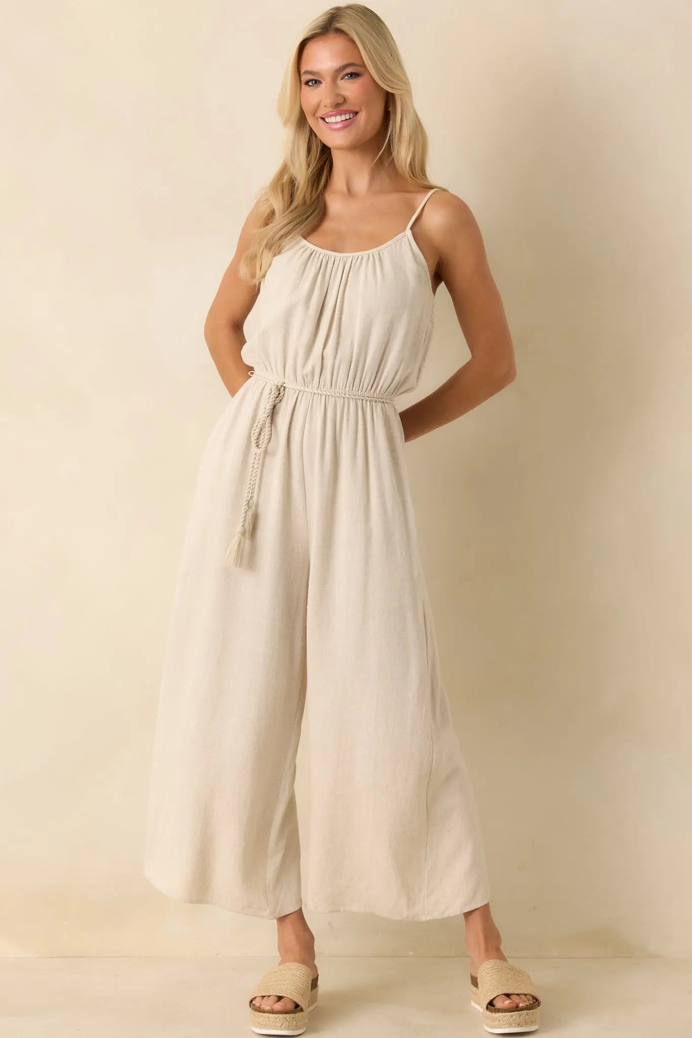 Women's As Simple As That Natural Linen Blend Sleeveless Jumpsuit | 80% Rayon & 20% Linen 3