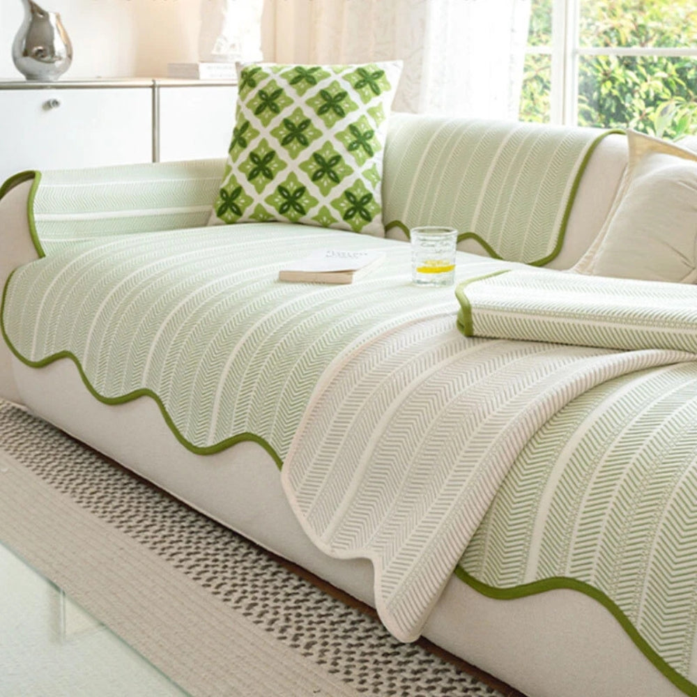 Herringbone scallop-edge sofa cover detail