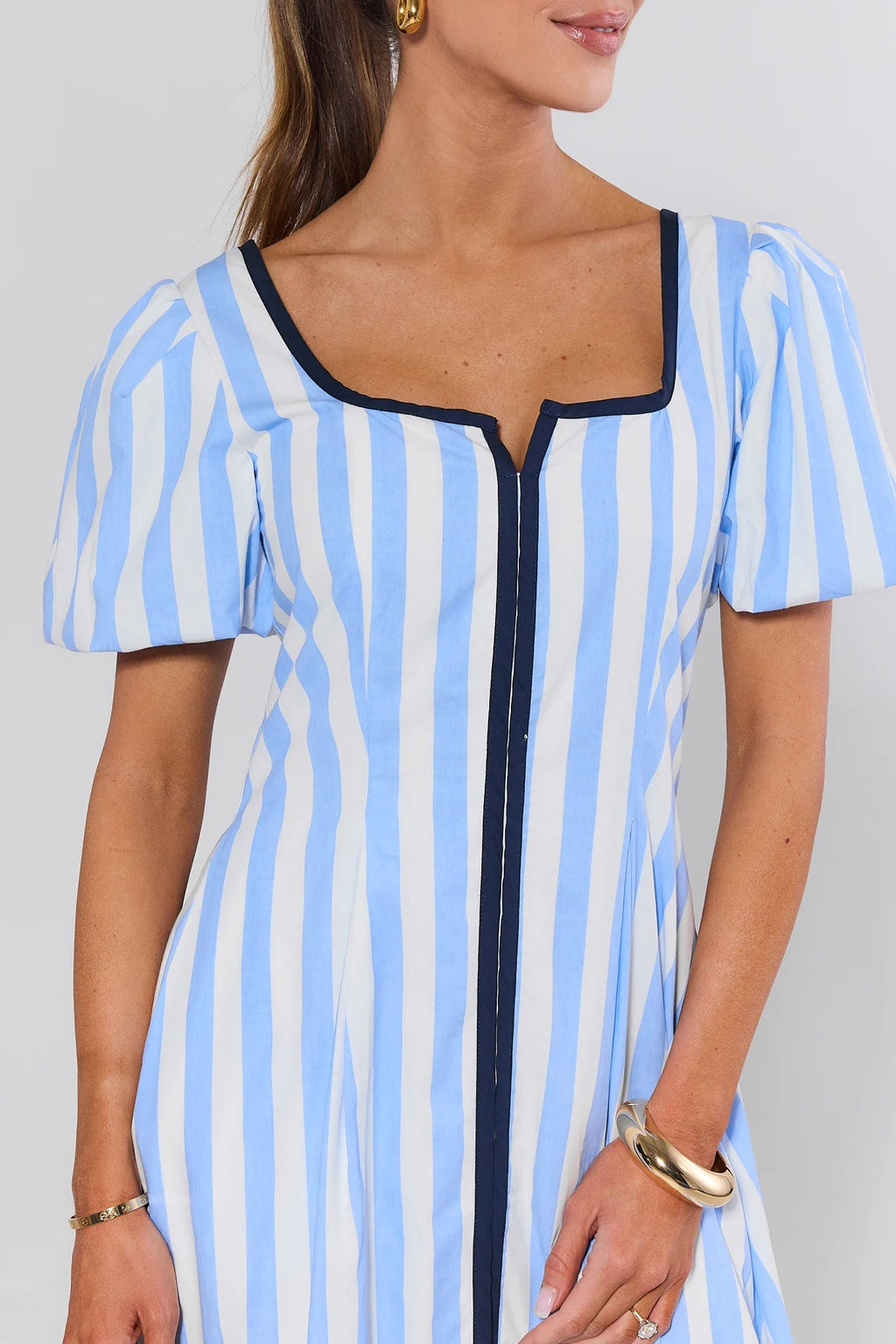 Avara x Natasha | Blue Striped Maxi Dress with Square Neckline | Elegant A-Line Silhouette for Effortless Styling