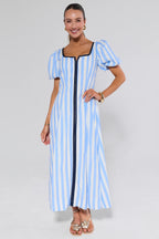 Avara x Natasha | Blue Striped Maxi Dress with Square Neckline | Elegant A-Line Silhouette for Effortless Styling