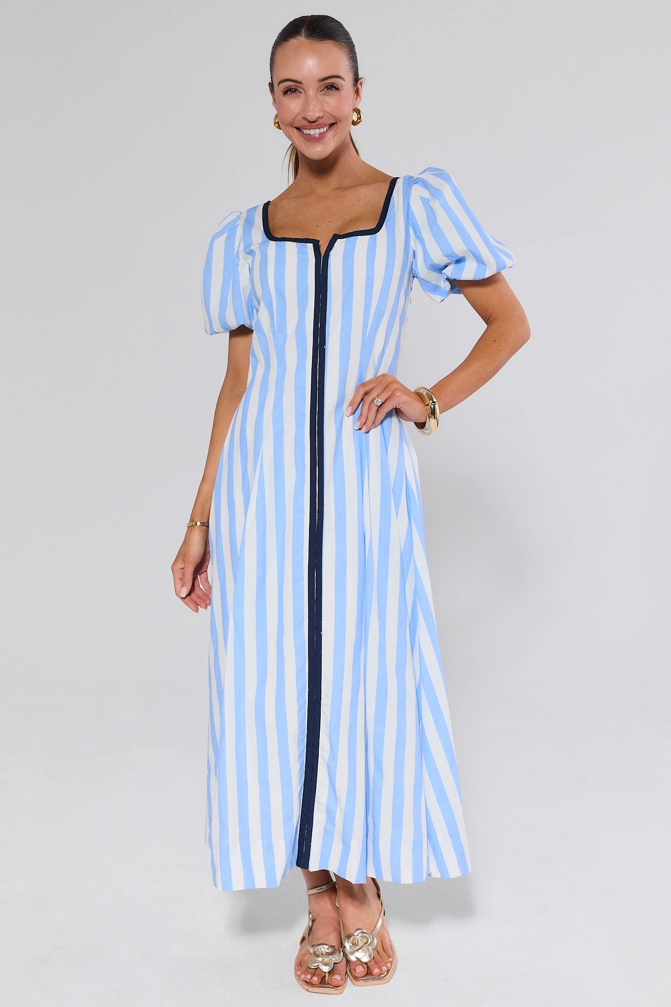 Avara x Natasha | Blue Striped Maxi Dress with Square Neckline | Elegant A-Line Silhouette for Effortless Styling