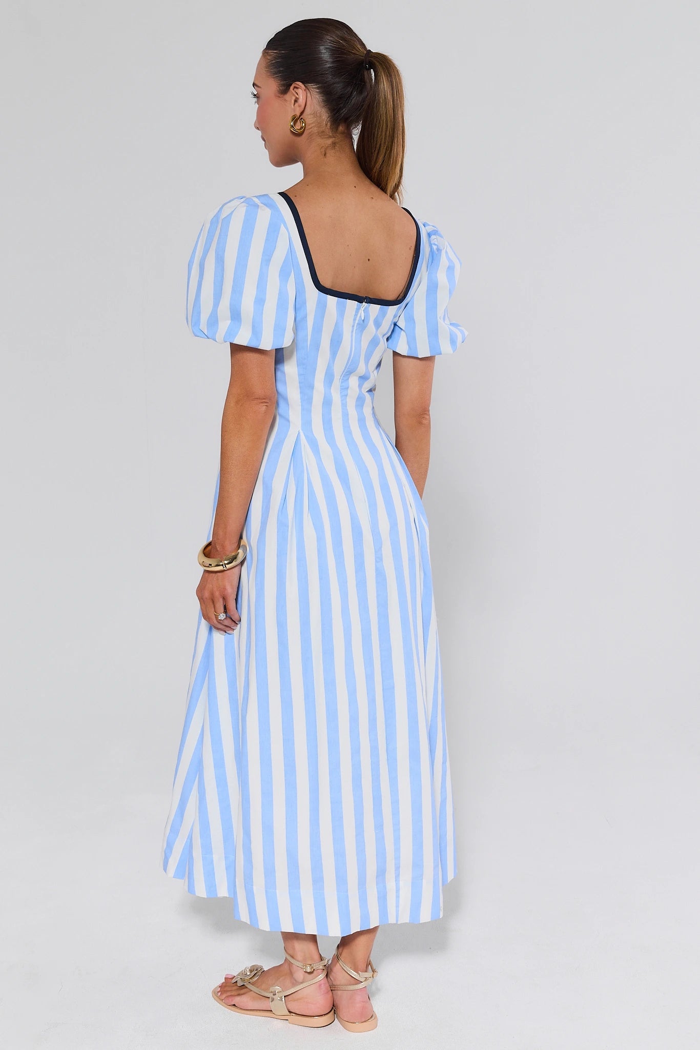 Avara x Natasha | Blue Striped Maxi Dress with Square Neckline | Elegant A-Line Silhouette for Effortless Styling