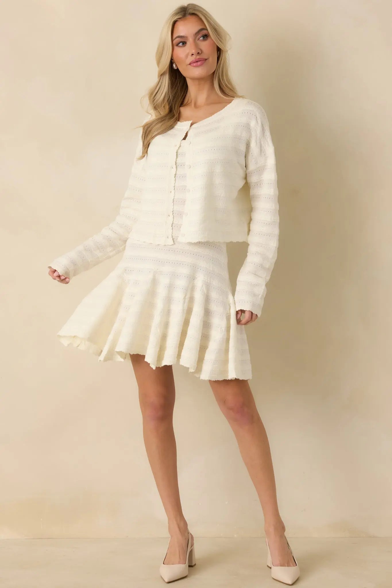 Women's Away We Go Ivory Textured Knit Button Front Cardigan | 75% Viscose & 25% Polyester 0