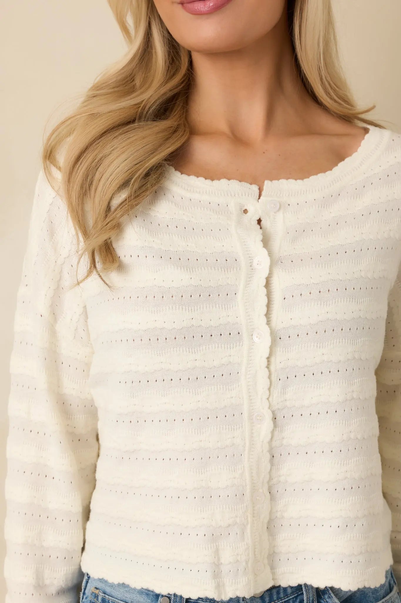 Women's Away We Go Ivory Textured Knit Button Front Cardigan | 75% Viscose & 25% Polyester 1