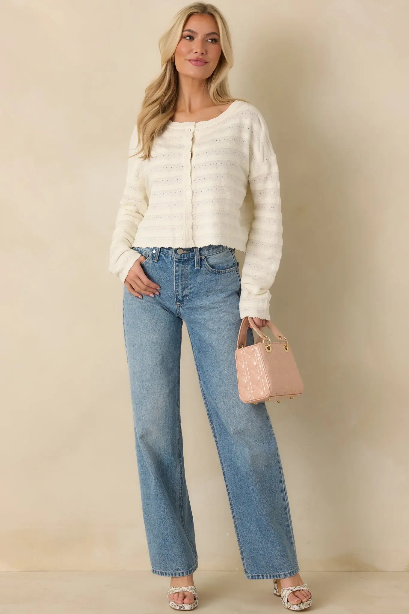 Women's Away We Go Ivory Textured Knit Button Front Cardigan | 75% Viscose & 25% Polyester 5