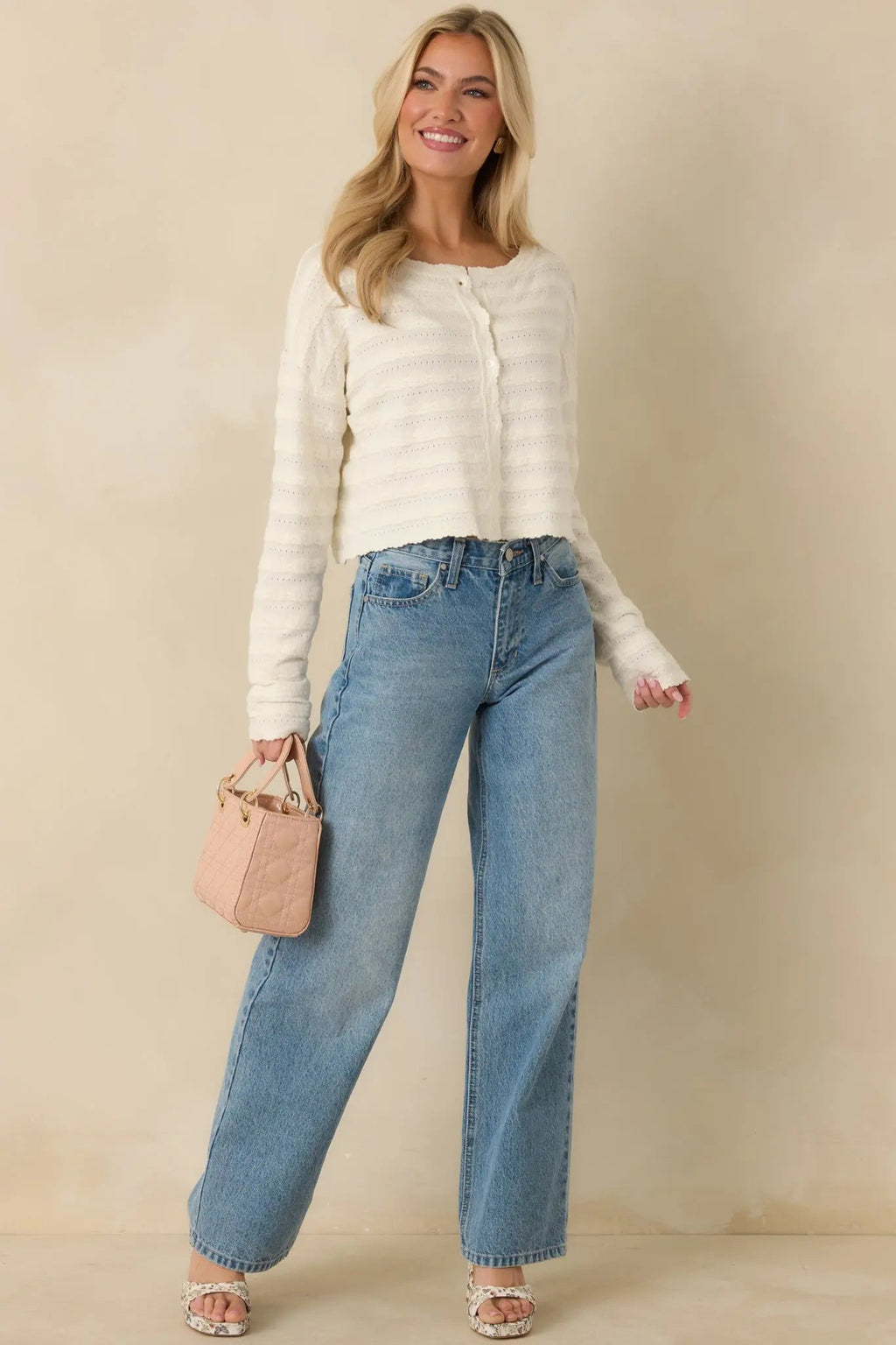 Women's Away We Go Ivory Textured Knit Button Front Cardigan | 75% Viscose & 25% Polyester 7