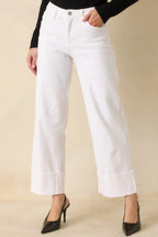 Women's Best I've Seen White Stretch Wide Leg Cuffed Jeans | 81% Cotton 0
