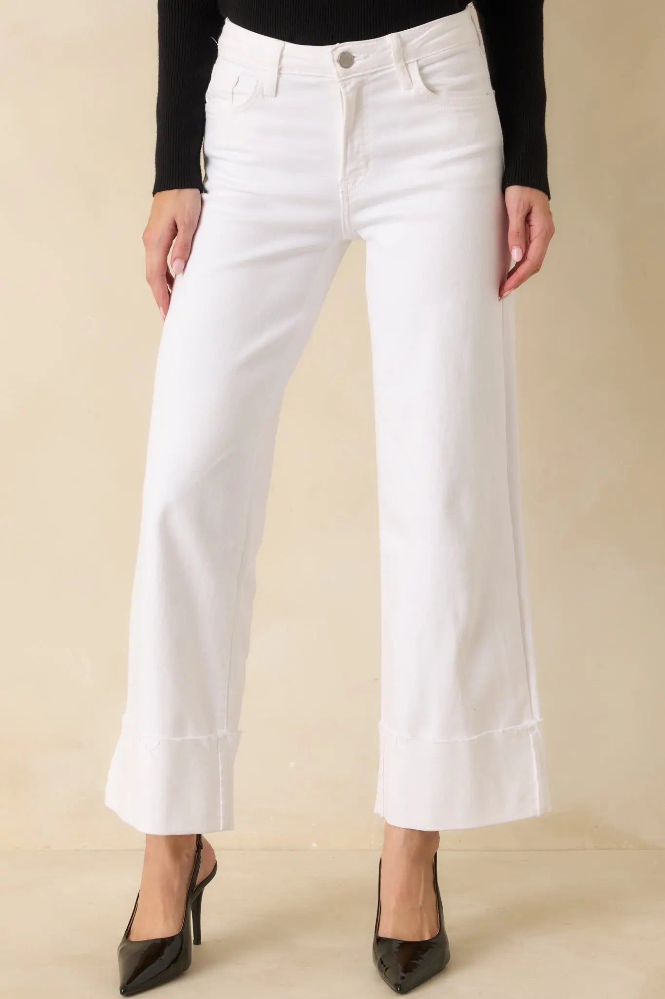 Women's Best I've Seen White Stretch Wide Leg Cuffed Jeans | 81% Cotton 4