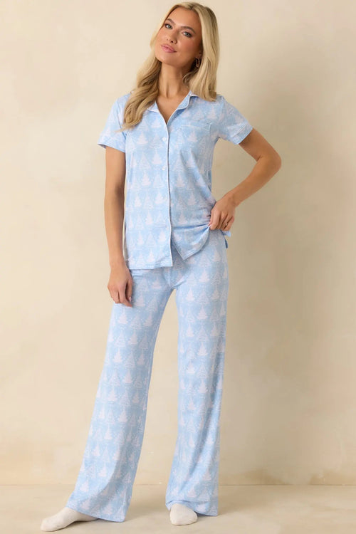 Women's Blue Christmas Ice Blue Christmas Tree Pajama Pants | 95% Polyester & 5% Spandex 1