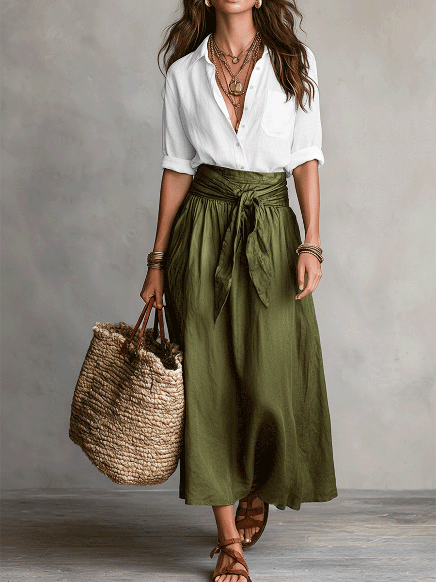 Bohemian Chic | Women's Black & Olive Satin Midi Matching Set | Effortless Style