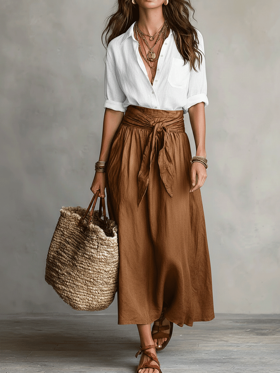 Bohemian Chic | Women's Black & Olive Satin Midi Matching Set | Effortless Style