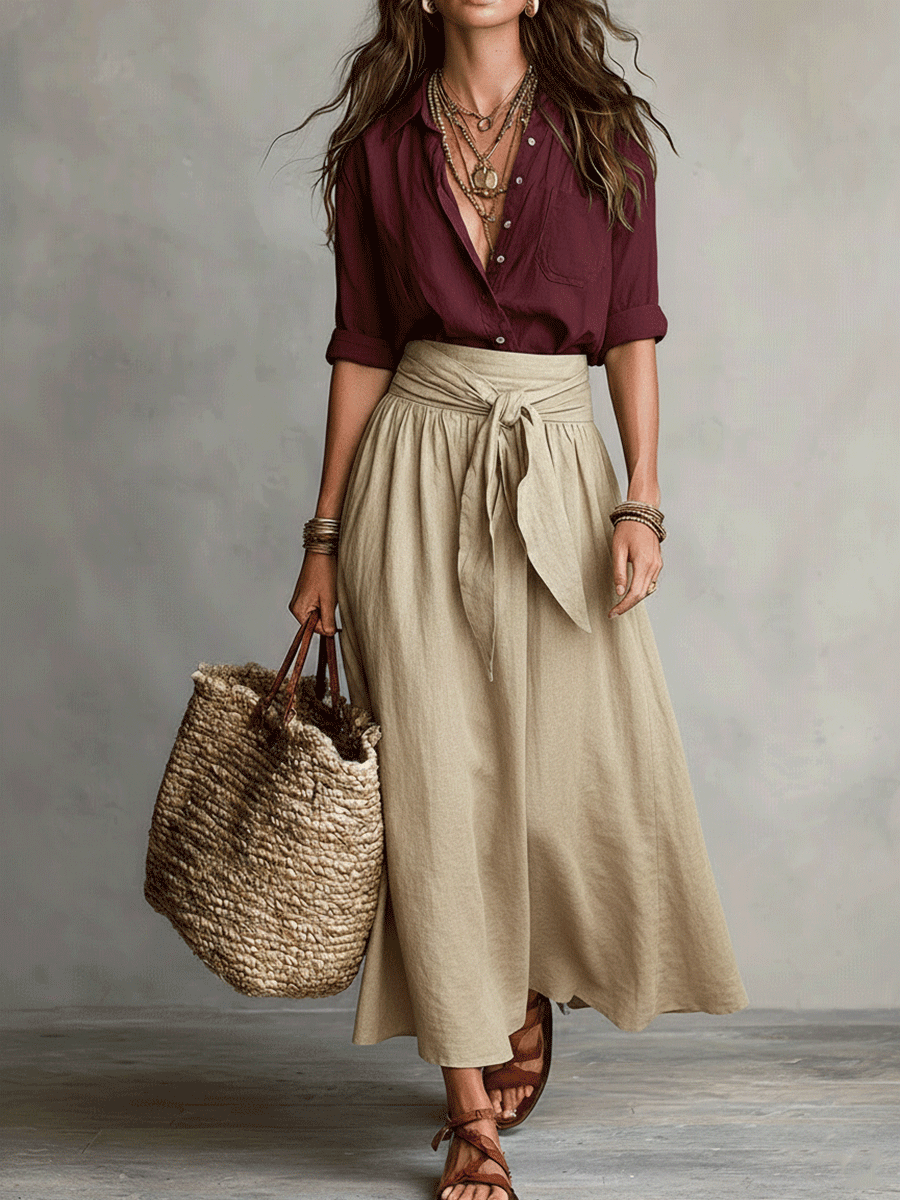 Bohemian Chic | Women's Black & Olive Satin Midi Matching Set | Effortless Style