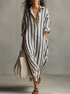 Bohemian Maxi Dress | Striped Design with Button-Down Front | Versatile Long Dress for Effortless Elegance