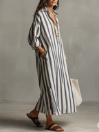 Bohemian Maxi Dress | Striped Design with Button-Down Front | Versatile Long Dress for Effortless Elegance
