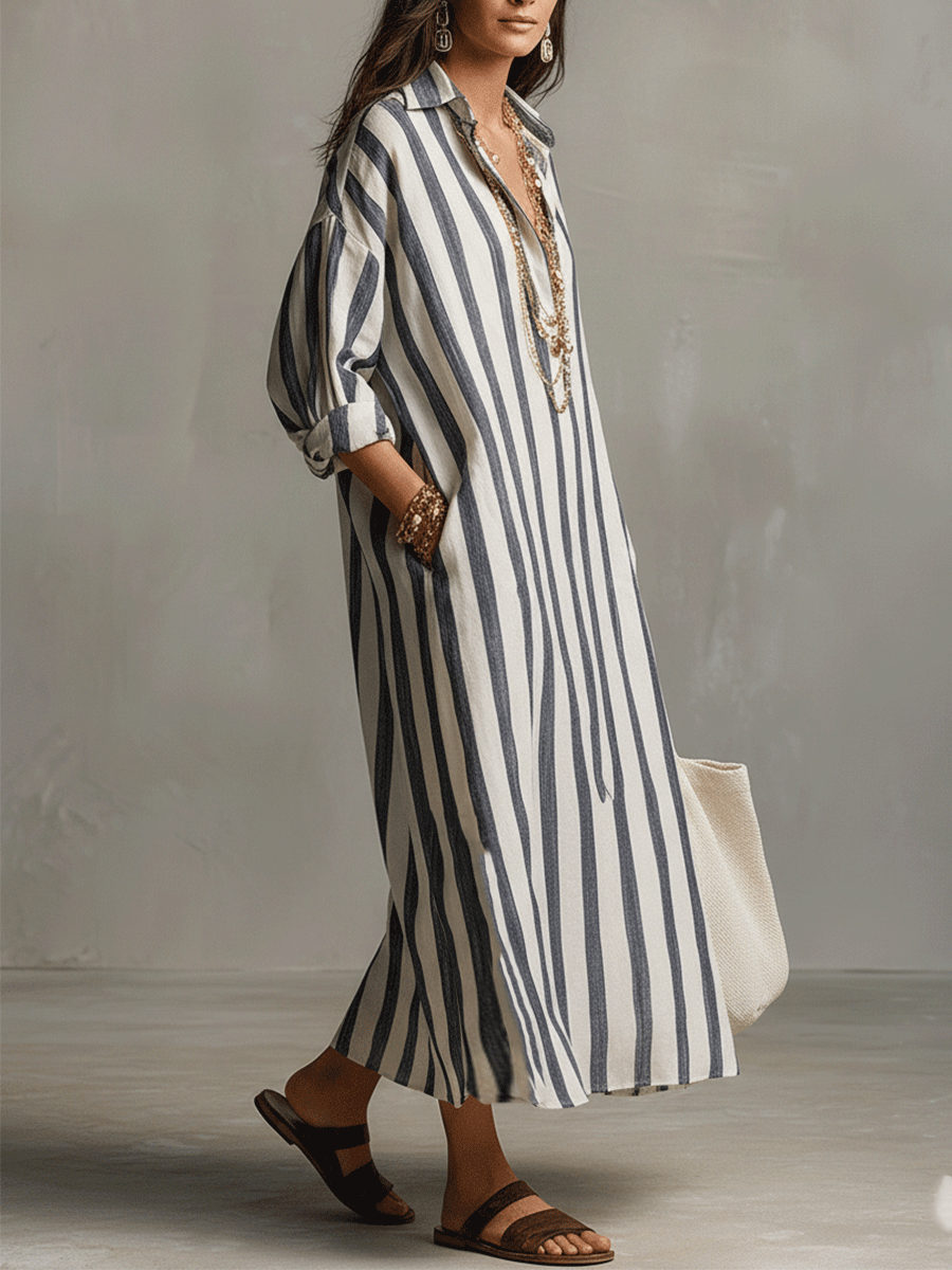 Bohemian Maxi Dress | Striped Design with Button-Down Front | Versatile Long Dress for Effortless Elegance