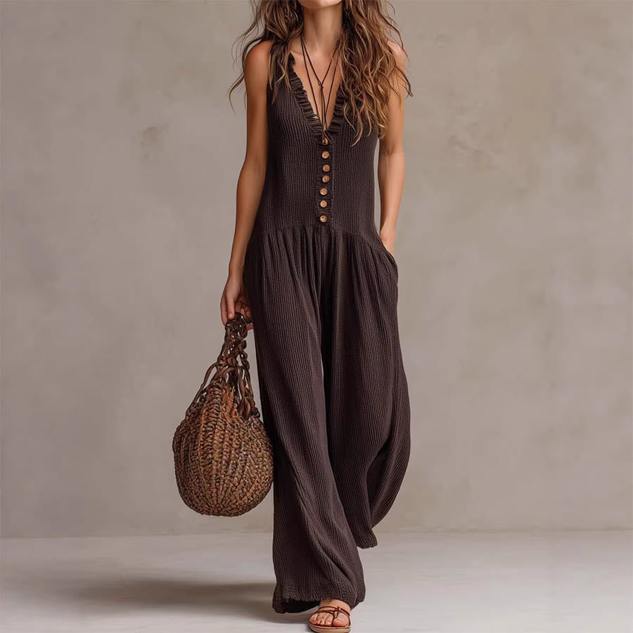 Bohemian Style | Women's Loungewear Two Piece Set with Ruffle V-Neck | Flowy Comfortable Design for Effortless Everyday Wear