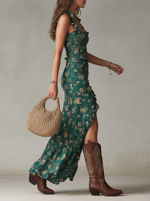 Boho Chic | Floral Maxi Dress with Ruffled Sleeves | Elegant Style for Warm Weather