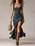 Boho Chic | Floral Maxi Dress with Ruffled Sleeves | Elegant Style for Warm Weather