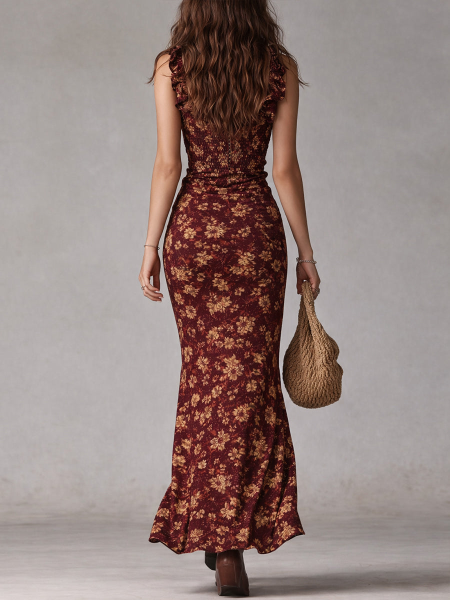 Boho Chic | Floral Maxi Dress with Ruffled Sleeves | Elegant Style for Warm Weather