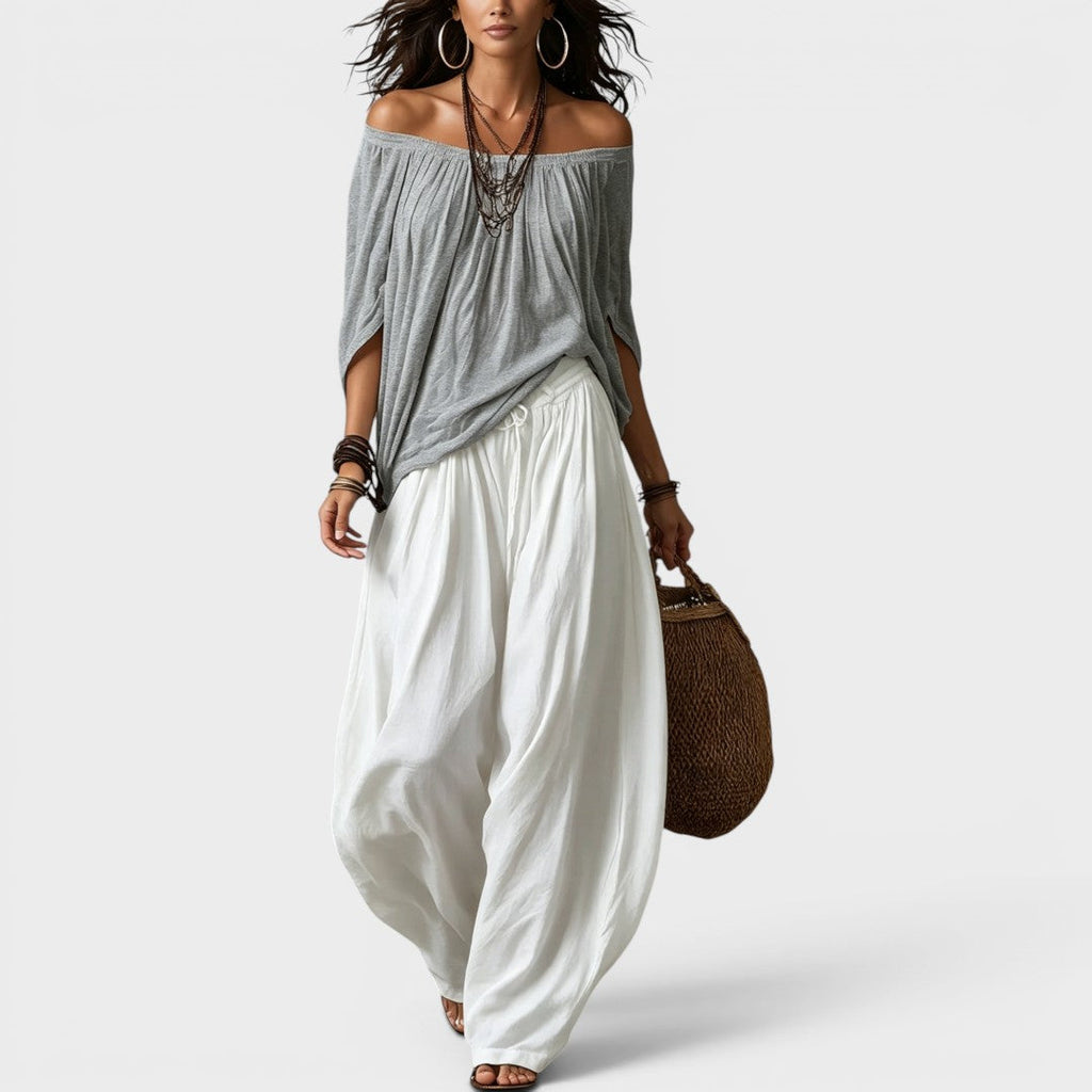 Boho Chic | Two Piece Set with Off-Shoulder Top & Wide Leg Pants | Effortless Style for Warm Weather
