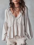 Boho Chic | Women's Blouse with Puff Sleeves & V-Neck | Relaxed Fit Summer Top for Effortless Style