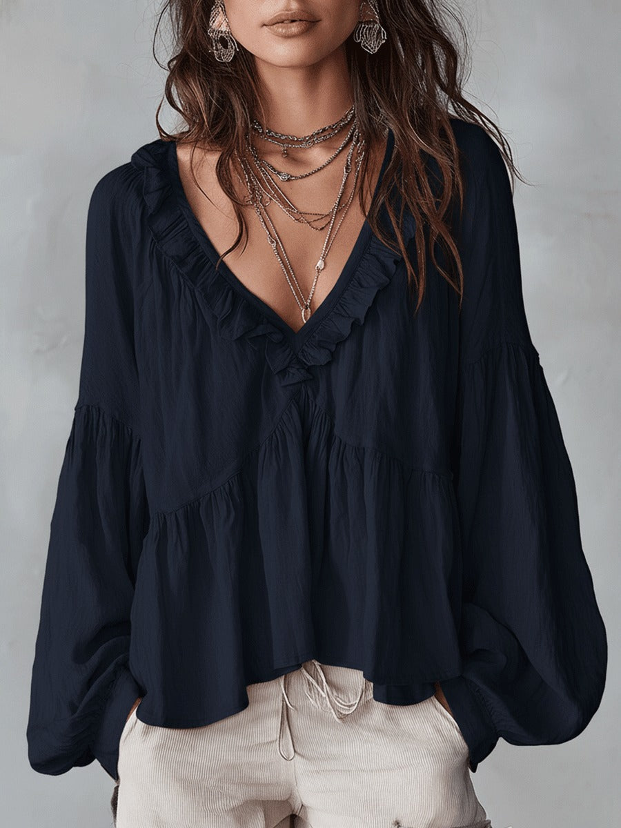 Boho Chic | Women's Blouse with Puff Sleeves & V-Neck | Relaxed Fit Summer Top for Effortless Style