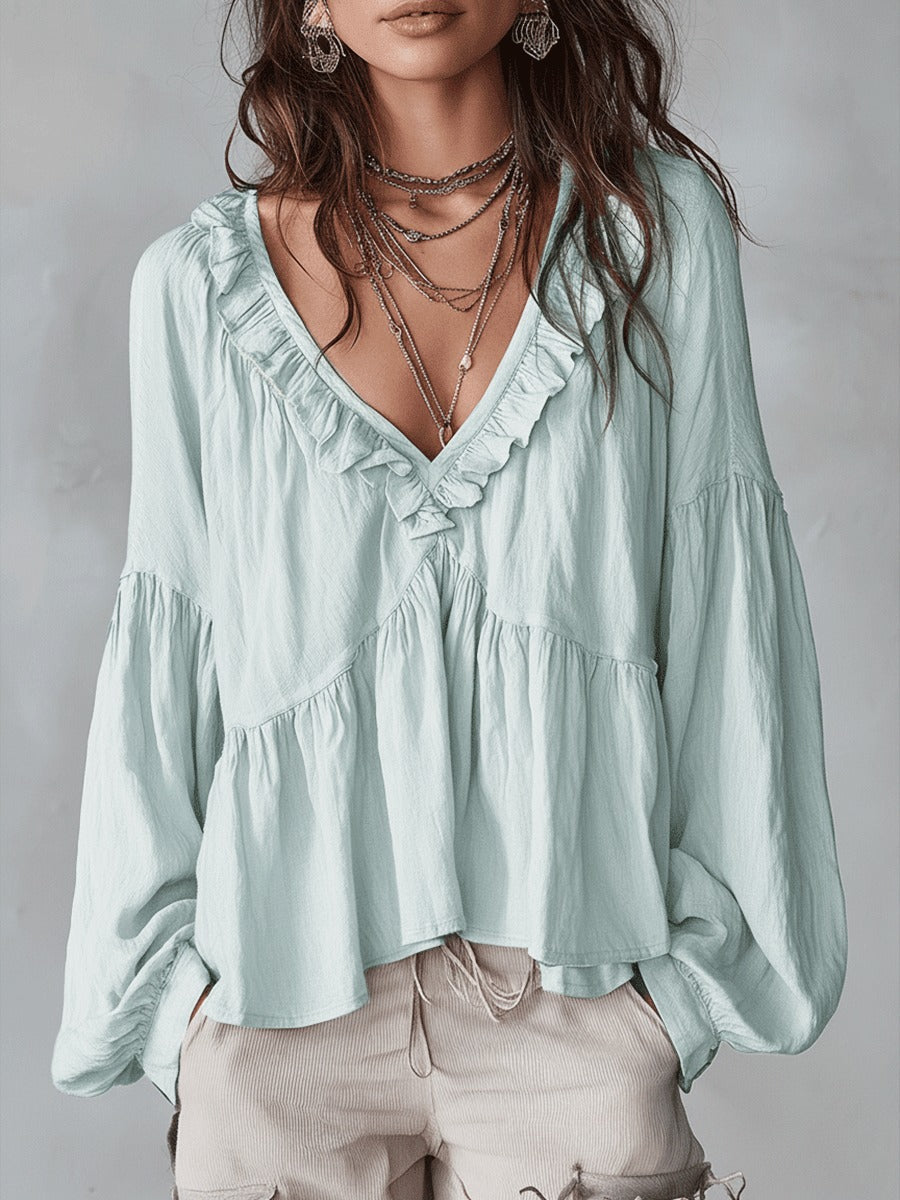 Boho Chic | Women's Blouse with Puff Sleeves & V-Neck | Relaxed Fit Summer Top for Effortless Style