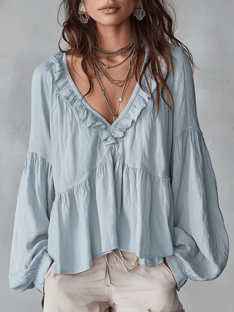 Boho Chic | Women's Blouse with Puff Sleeves & V-Neck | Relaxed Fit Summer Top for Effortless Style