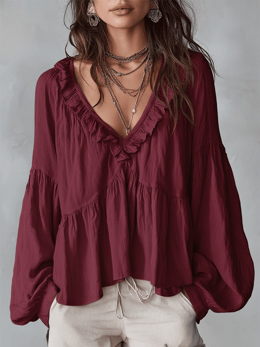 Boho Chic | Women's Blouse with Puff Sleeves & V-Neck | Relaxed Fit Summer Top for Effortless Style