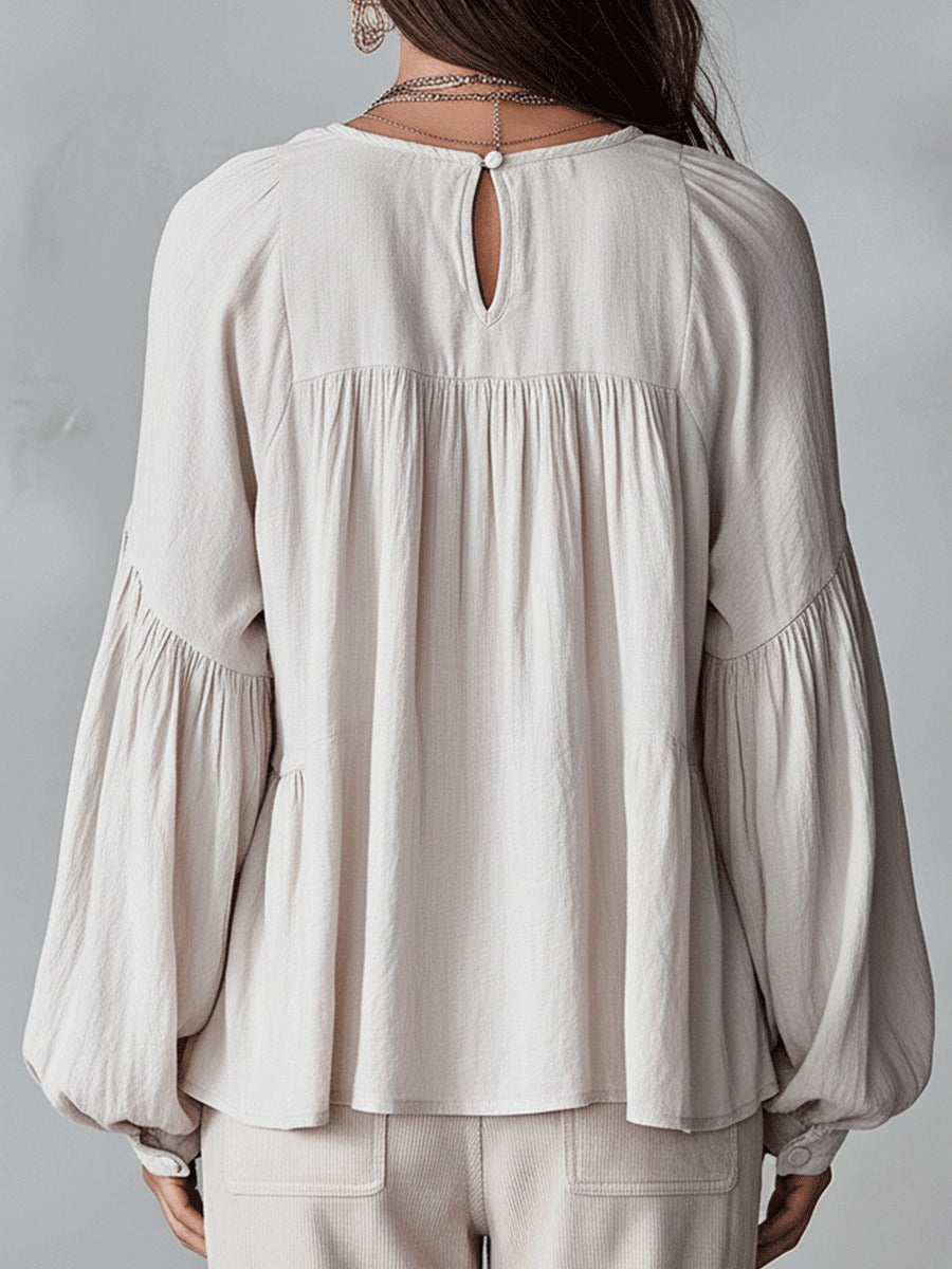 Boho Chic | Women's Blouse with Puff Sleeves & V-Neck | Relaxed Fit Summer Top for Effortless Style
