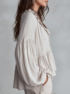 Boho Chic | Women's Blouse with Puff Sleeves & V-Neck | Relaxed Fit Summer Top for Effortless Style