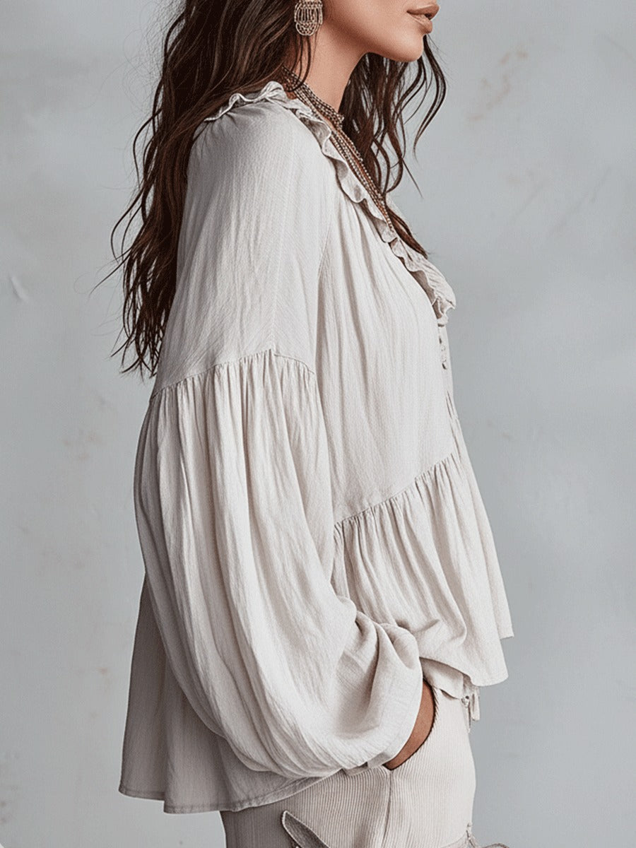 Boho Chic | Women's Blouse with Puff Sleeves & V-Neck | Relaxed Fit Summer Top for Effortless Style