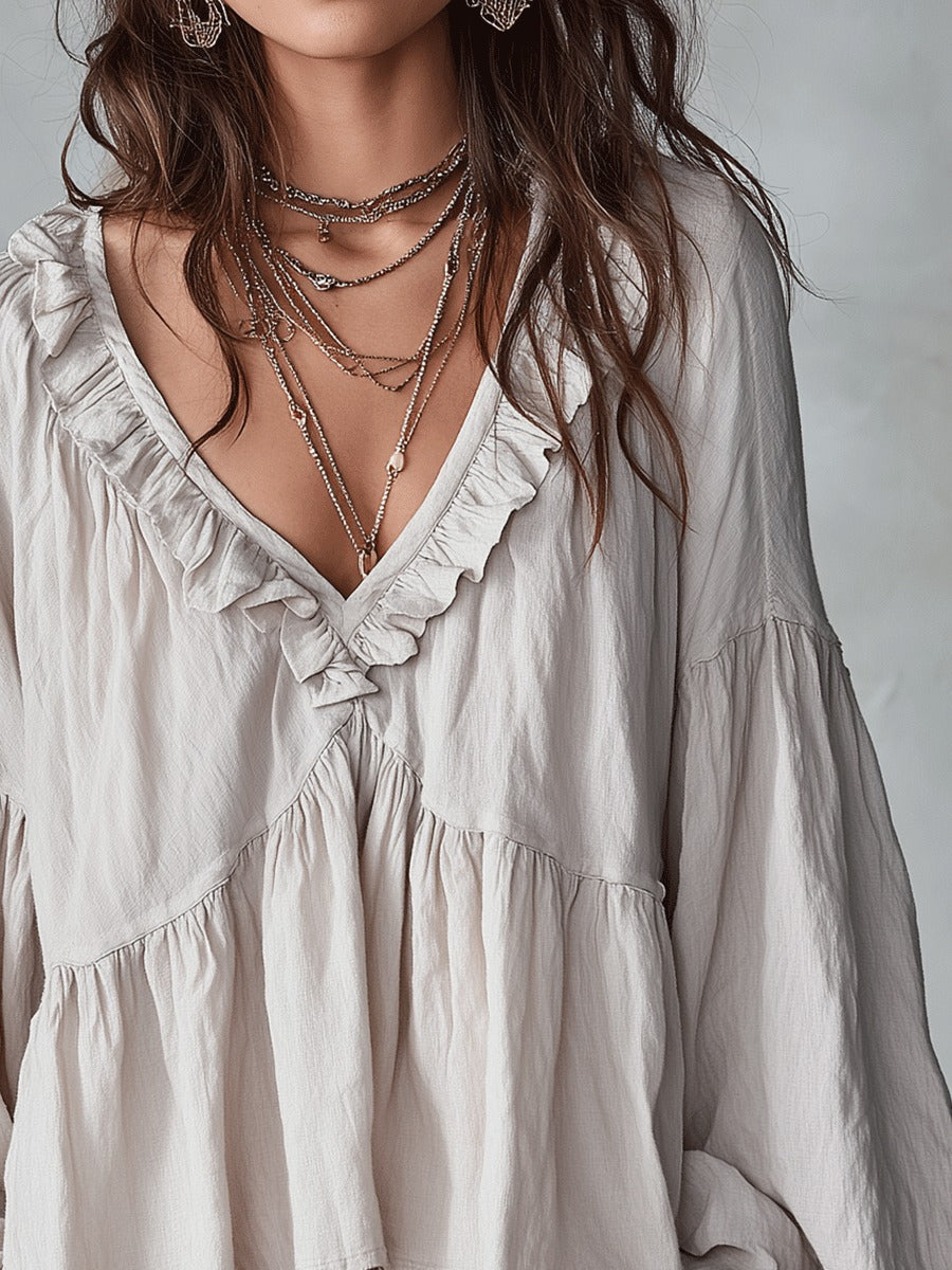 Boho Chic | Women's Blouse with Puff Sleeves & V-Neck | Relaxed Fit Summer Top for Effortless Style