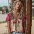 Boho Chic | Women's T Shirt with Floral V-Neck Design | Relaxed Fit for Effortless Style