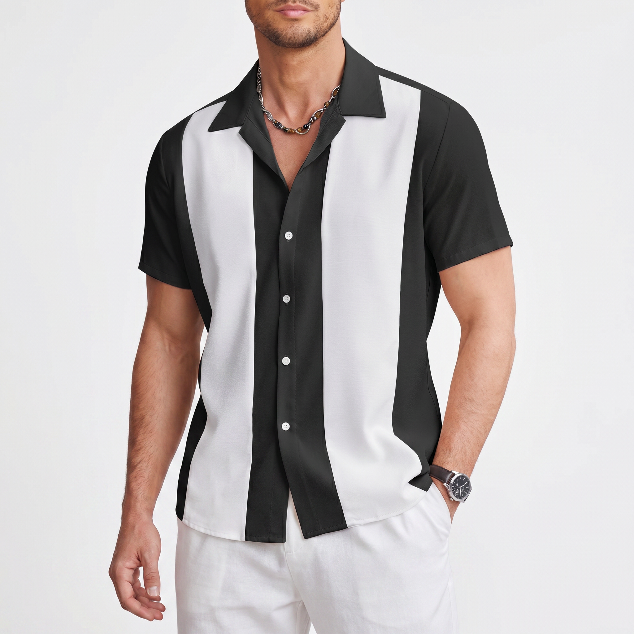 Bon Voyage Vintage | Men's Color Block Button-Up Shirt with Camp Collar | Lightweight Fabric for Everyday Comfort
