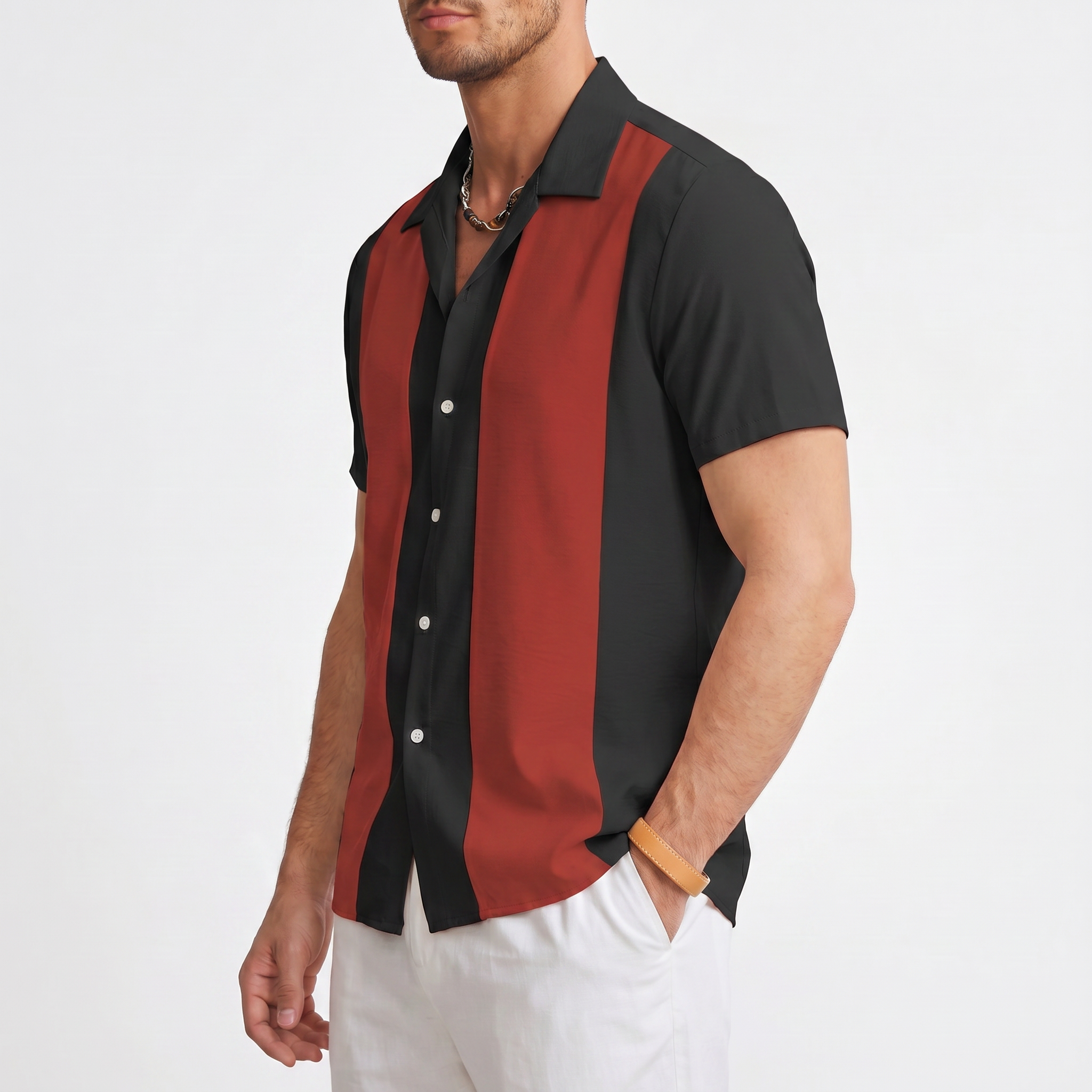 Bon Voyage Vintage | Men's Color Block Button-Up Shirt with Camp Collar | Lightweight Fabric for Everyday Comfort