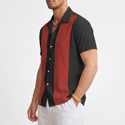 Bon Voyage Vintage | Men's Color Block Button-Up Shirt with Camp Collar | Lightweight Fabric for Everyday Comfort