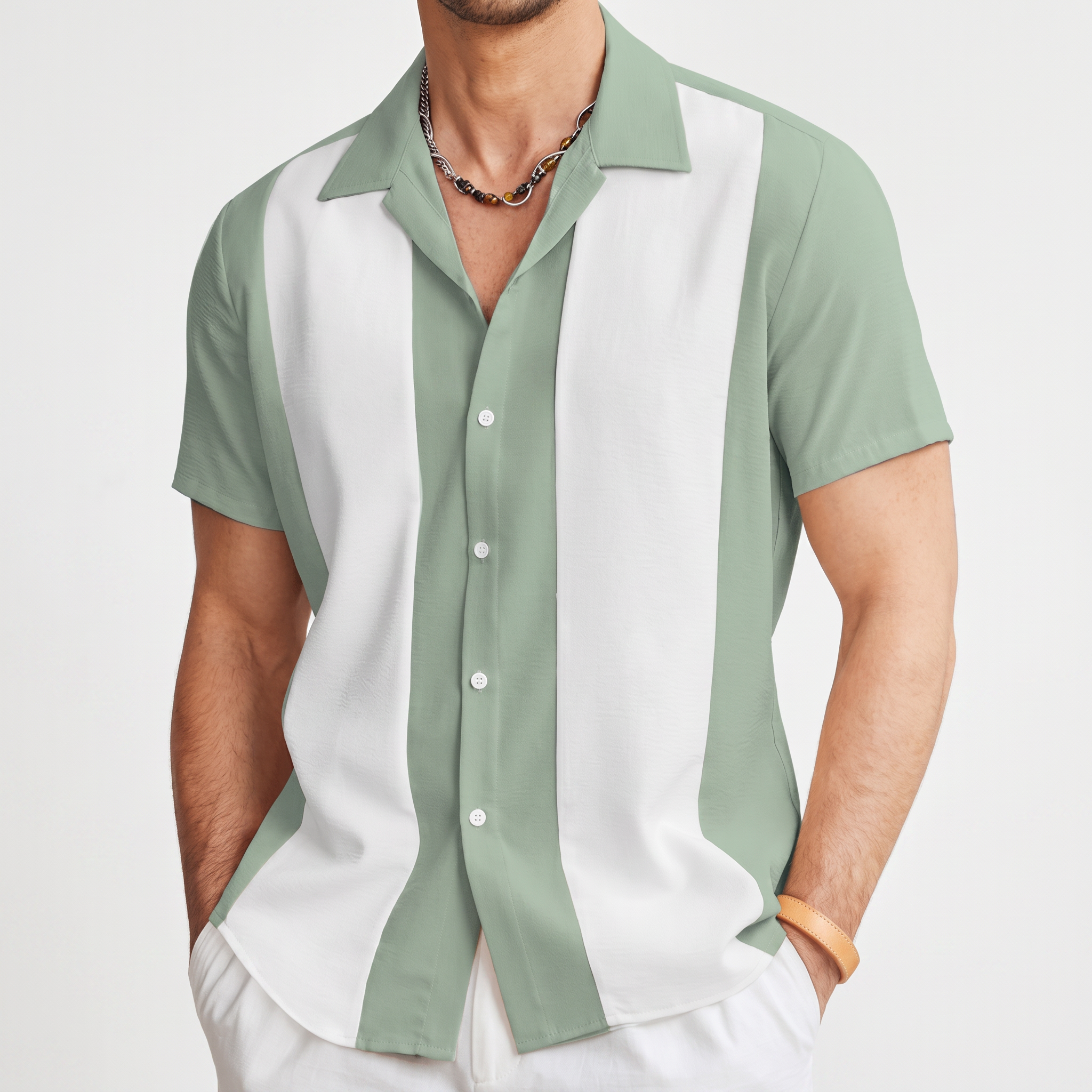 Bon Voyage Vintage | Men's Color Block Button-Up Shirt with Camp Collar | Lightweight Fabric for Everyday Comfort