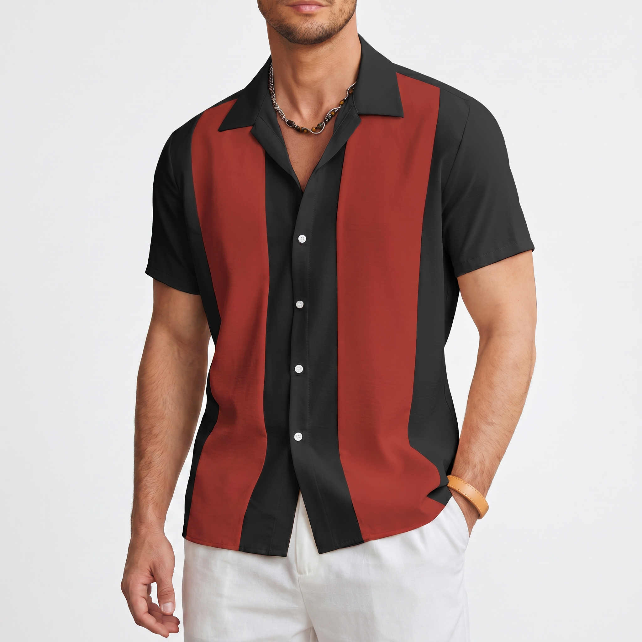 Bon Voyage Vintage | Men's Color Block Button-Up Shirt with Camp Collar | Lightweight Fabric for Everyday Comfort