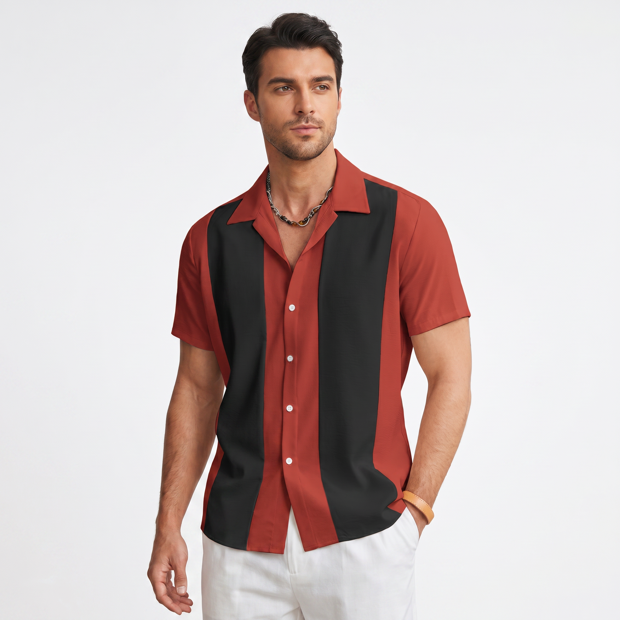 Bon Voyage Vintage | Men's Color Block Button-Up Shirt with Camp Collar | Lightweight Fabric for Everyday Comfort